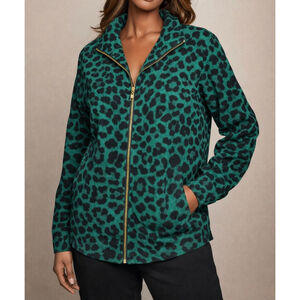 IMAN NWT Emerald Green Leopard Print Shacket Top L Global Chic Indie Sleaze